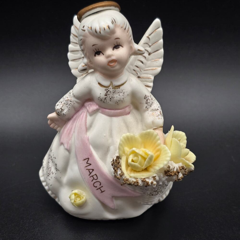 Lefton March Birthday Angel Ceramic Vintage 1950s Yellow Flowers